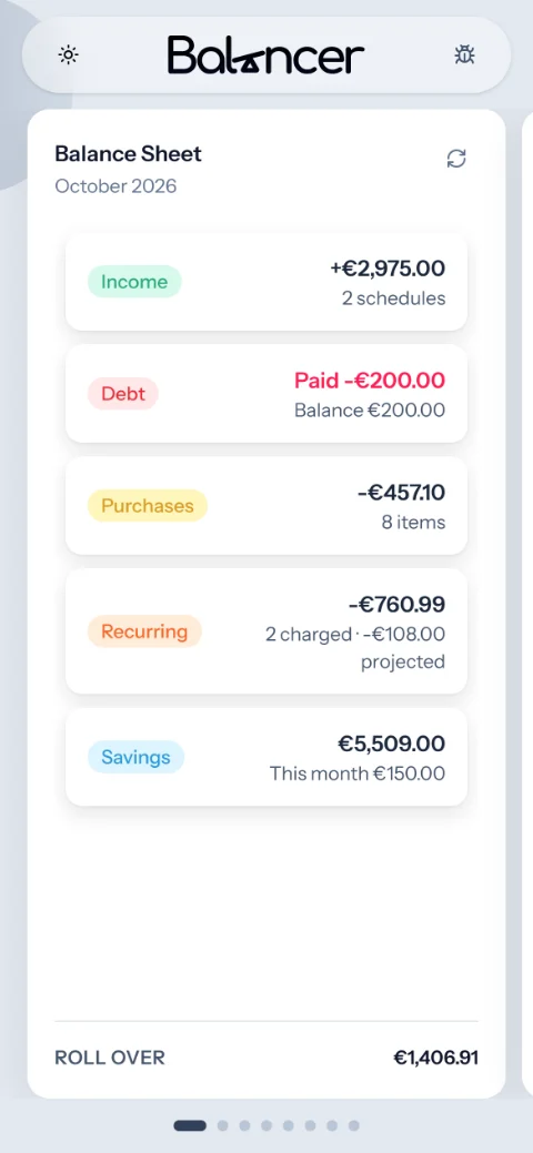 Balancer balance sheet: income, debt, purchases, recurring charges, and savings for October, with the month's rollover at the bottom