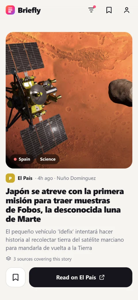 Briefly feed: one news story on screen with photo, source, excerpt, and a link to the original